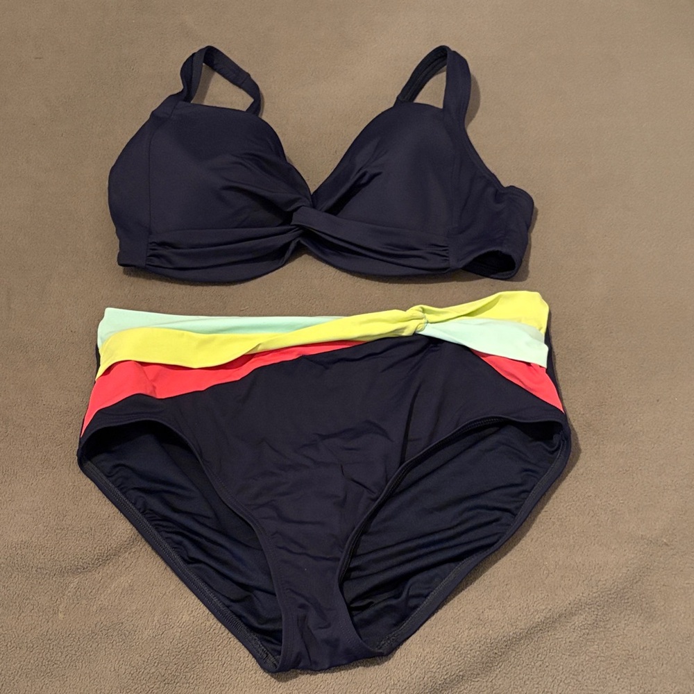 Lands' End Women's Bikini in navy with Colorful Accents